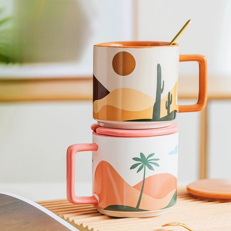 Morandi Ceramic Coffee Mug – Minimalist Geometric Mug with Lid & Spoon  Decorla