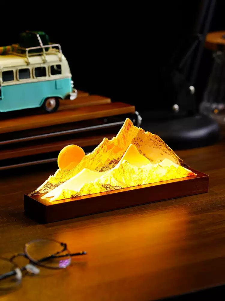 Warm mountain scene mood lighting lamp on wooden desk, bedside lamp for room decoration and birthday gift
