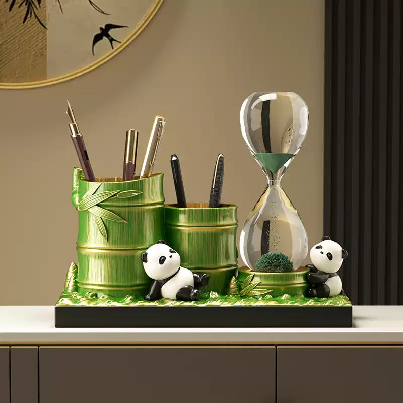 Panda desk organizer with green hourglass decor, ideal birthday gift