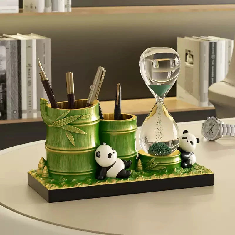 Panda bamboo pen holder with hourglass decor for room decoration and time management tools