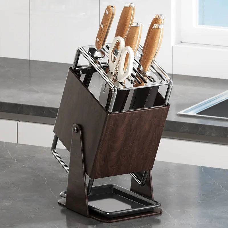 Rotating Knife Block – Stainless Steel & Wooden Kitchen Knife Organizer with Drain Tray  Decorla