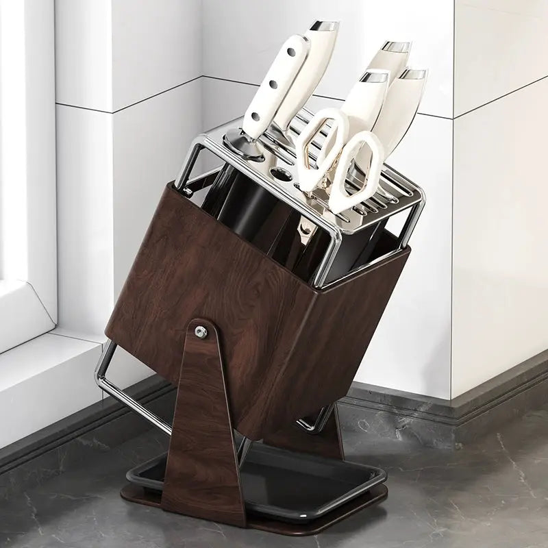 Rotating Knife Block – Stainless Steel & Wooden Kitchen Knife Organizer with Drain Tray  Decorla