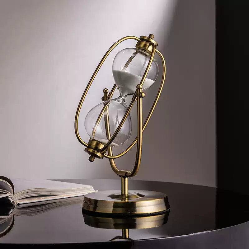 Rotating metal hourglass decor on stand for elegant room decoration and birthday gift