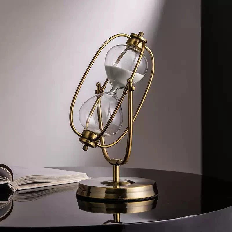 Rotating metal hourglass decor on stand for elegant room decoration and birthday gift