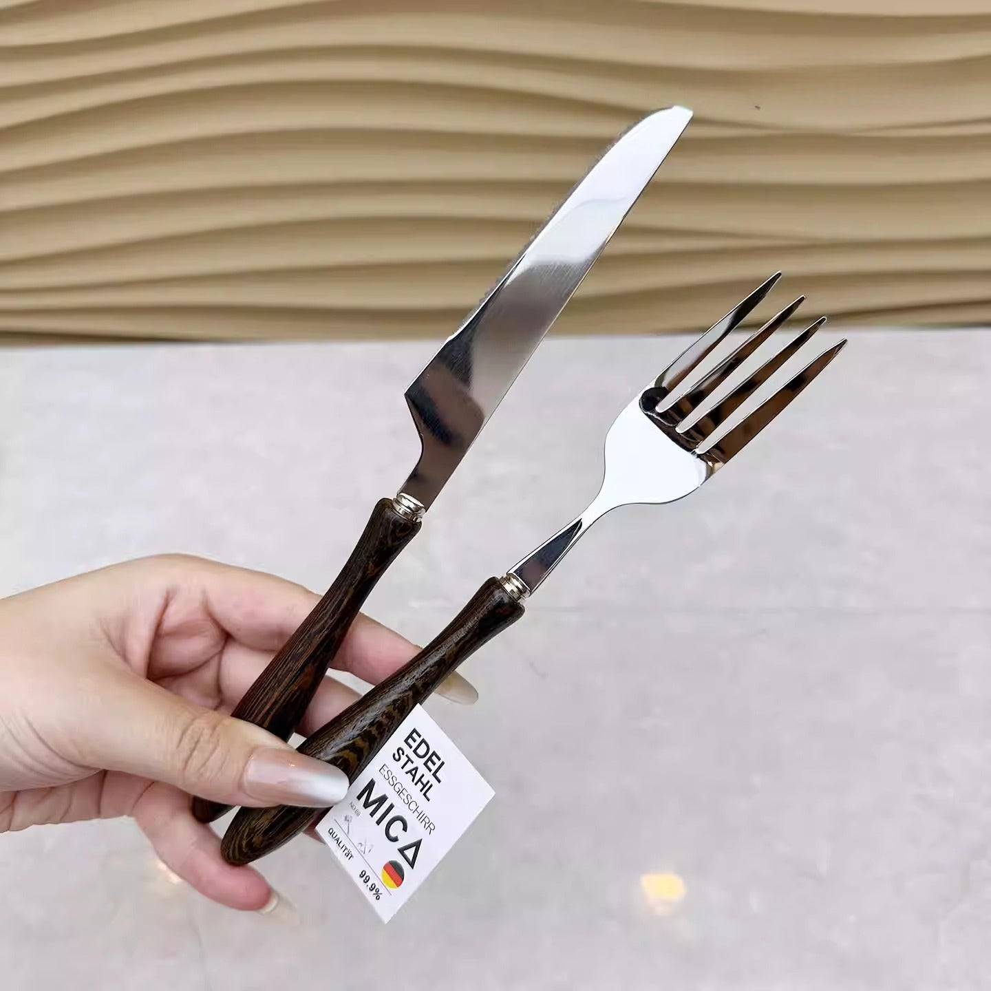 Stainless Steel Steak Knife and Fork Set – Wooden Handle German Style Flatware  Decorla