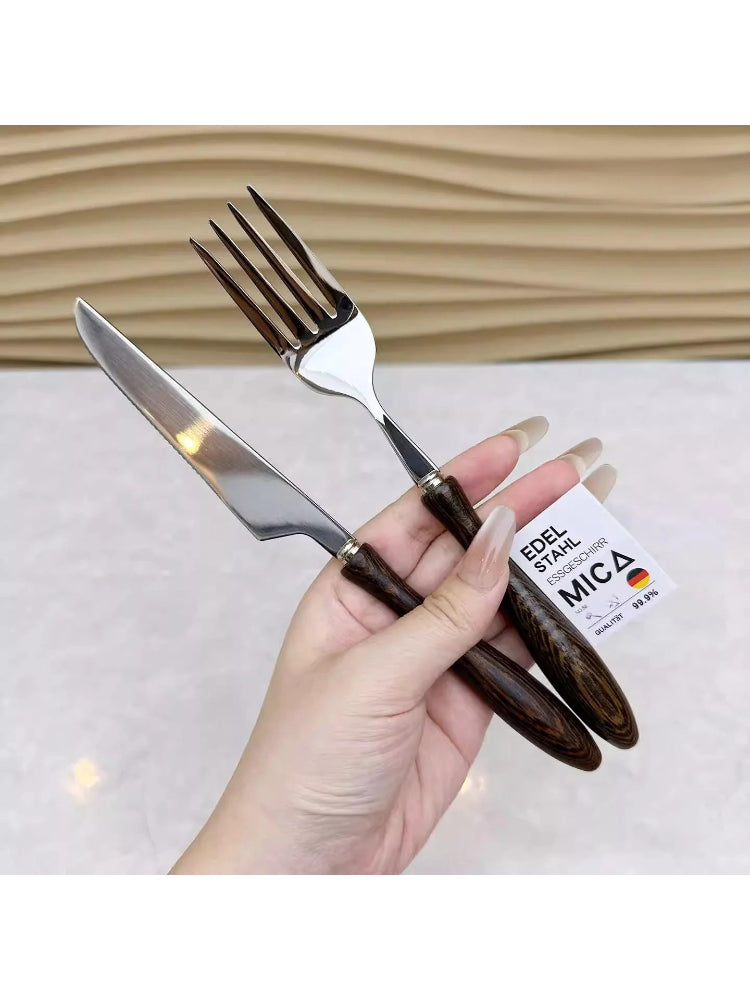 Stainless Steel Steak Knife and Fork Set – Wooden Handle German Style Flatware  Decorla