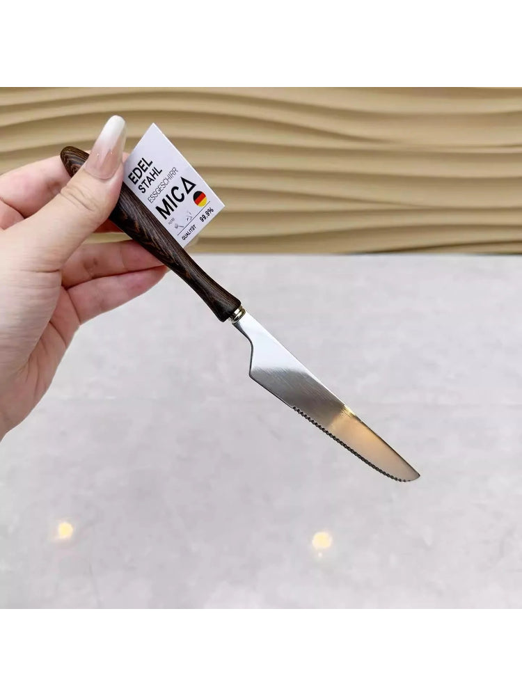 Stainless Steel Steak Knife and Fork Set – Wooden Handle German Style Flatware  Decorla