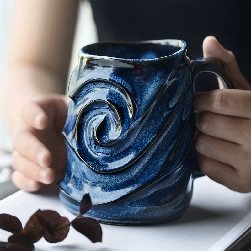 Swirl Ceramic Coffee Mug – Blue Glaze Embossed Pottery Cup  Decorla