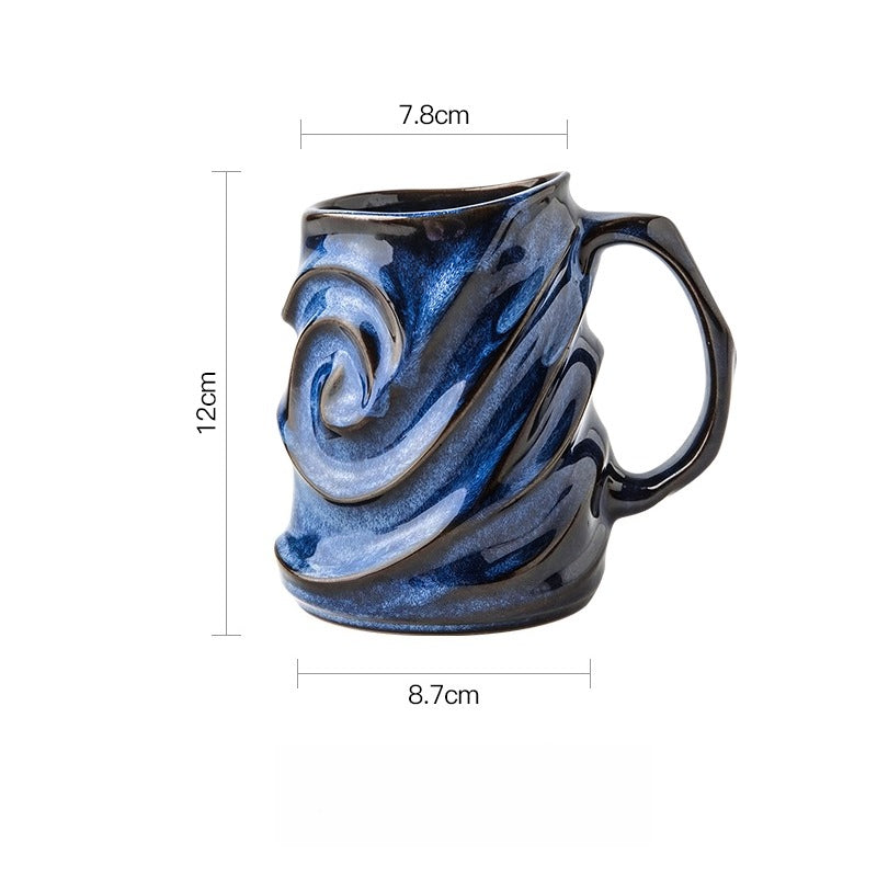 Swirl Ceramic Coffee Mug – Blue Glaze Embossed Pottery Cup  Decorla