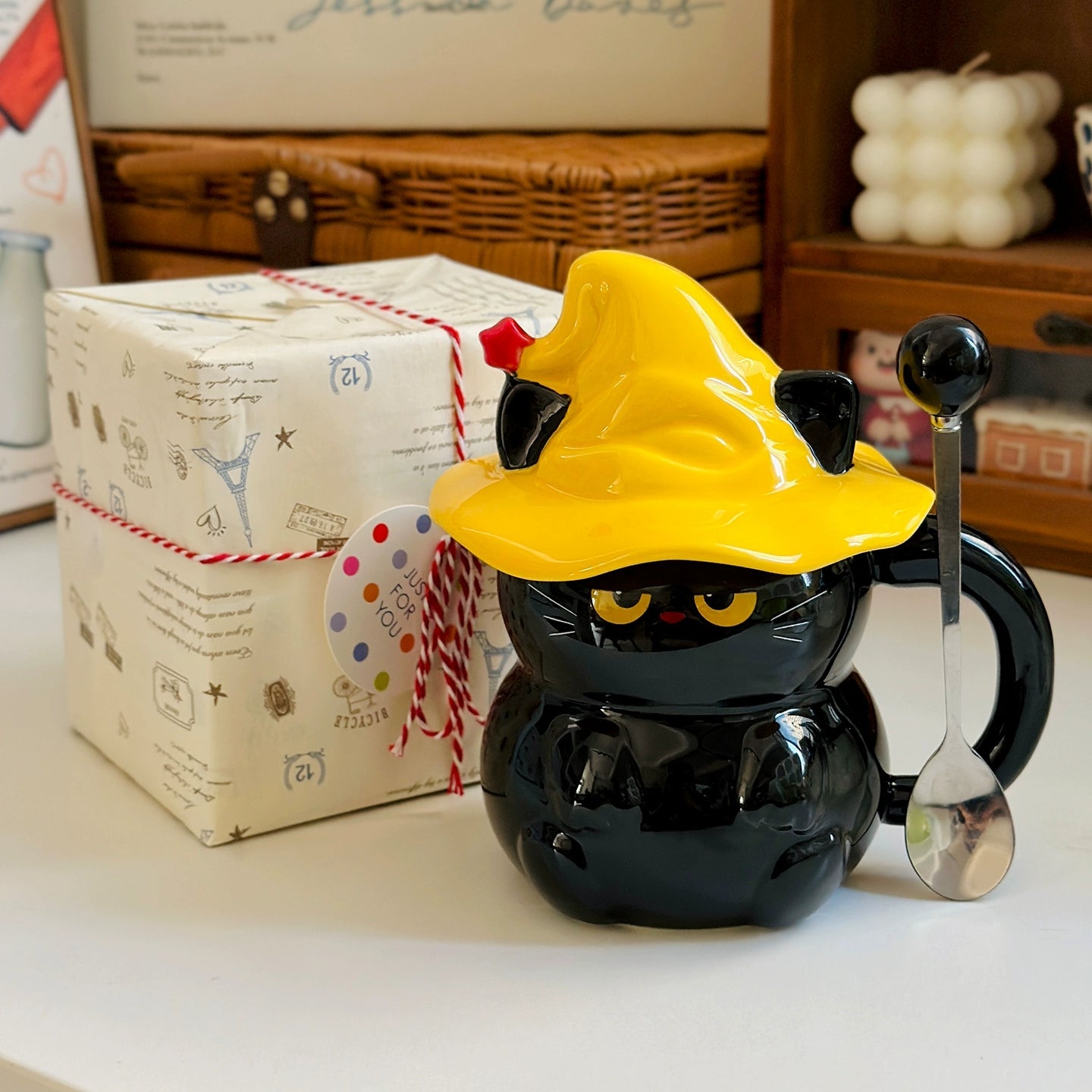 Witch Hat Cat Ceramic Mug with Lid and Spoon – Cute Cat Coffee Cup Gift  Decorla