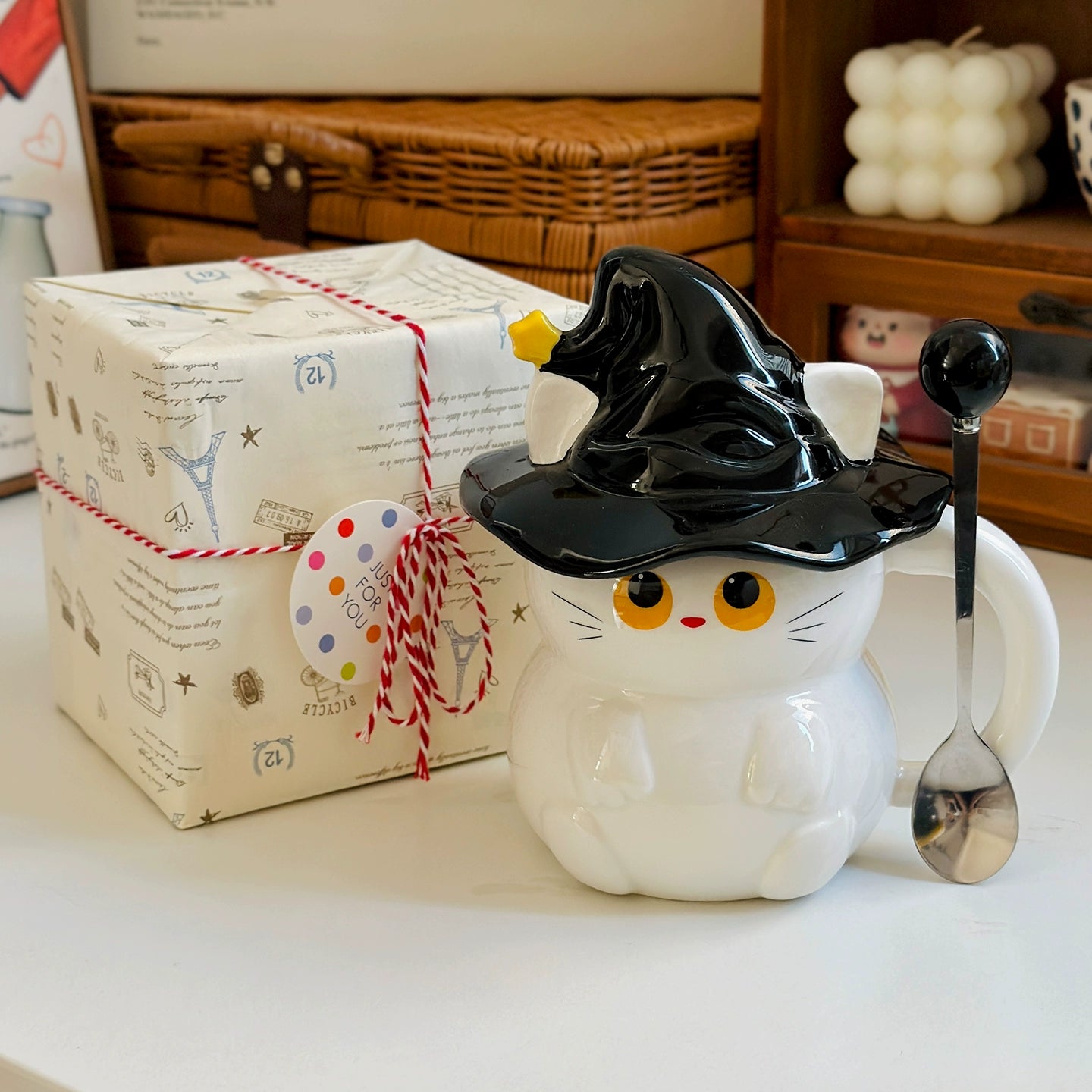 Witch Hat Cat Ceramic Mug with Lid and Spoon – Cute Cat Coffee Cup Gift  Decorla