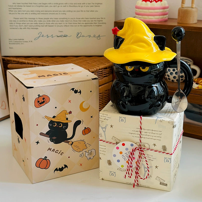 Witch Hat Cat Ceramic Mug with Lid and Spoon – Cute Cat Coffee Cup Gift  Decorla