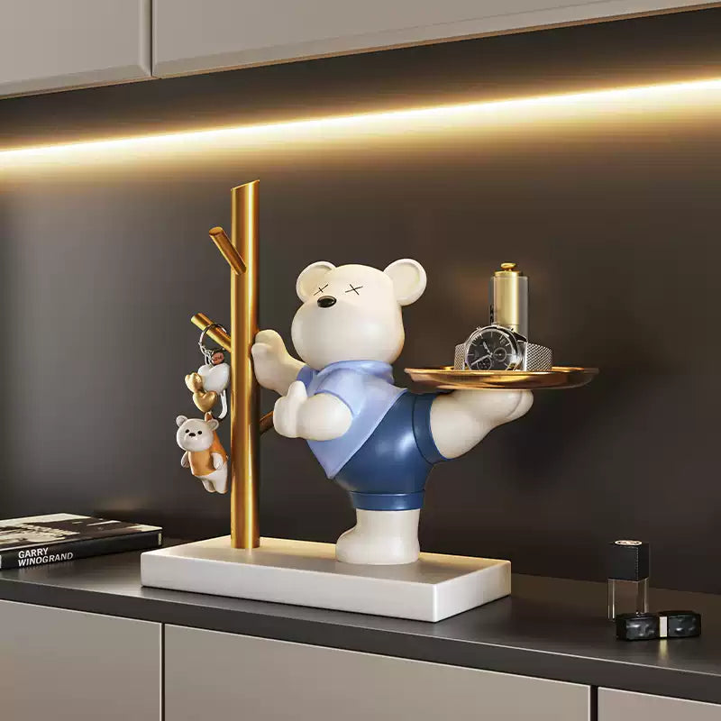 Close view of bear key holder tray with perfume and watch, clever birthday gift room decoration