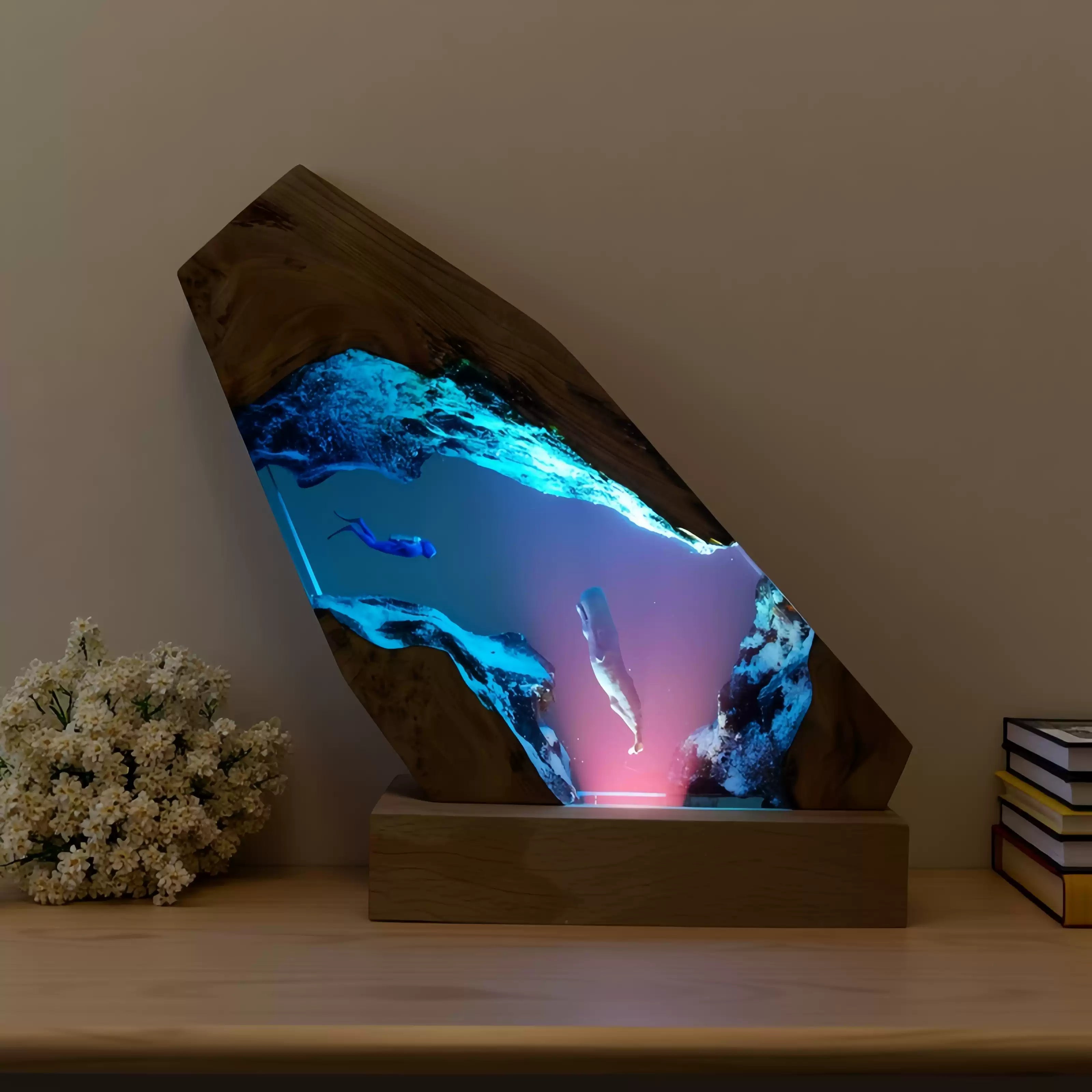 Ocean-themed ambient lamp placed by flowers, easy room decoration and birthday gift
